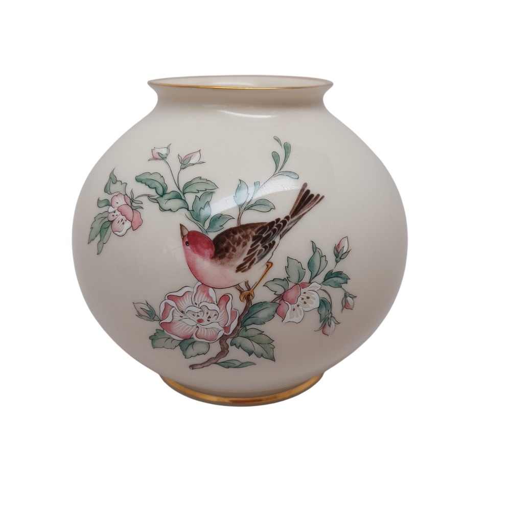 Lenox China Serenade Globe Vase Small Bird Floral 24k Gold Trim Ivory Porcelain